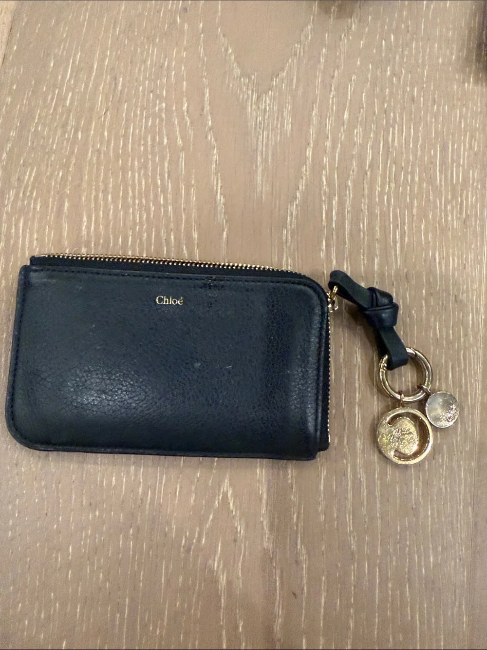 Chloé Black Leather Zip Card Holder with Gold Charm Detail